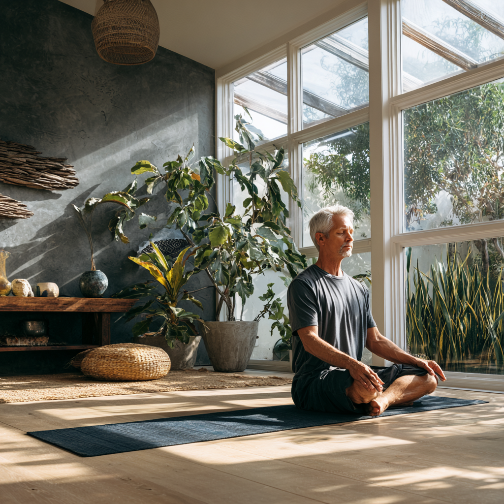 Peaceful meditation space with mature adult practicing yoga in serene environment