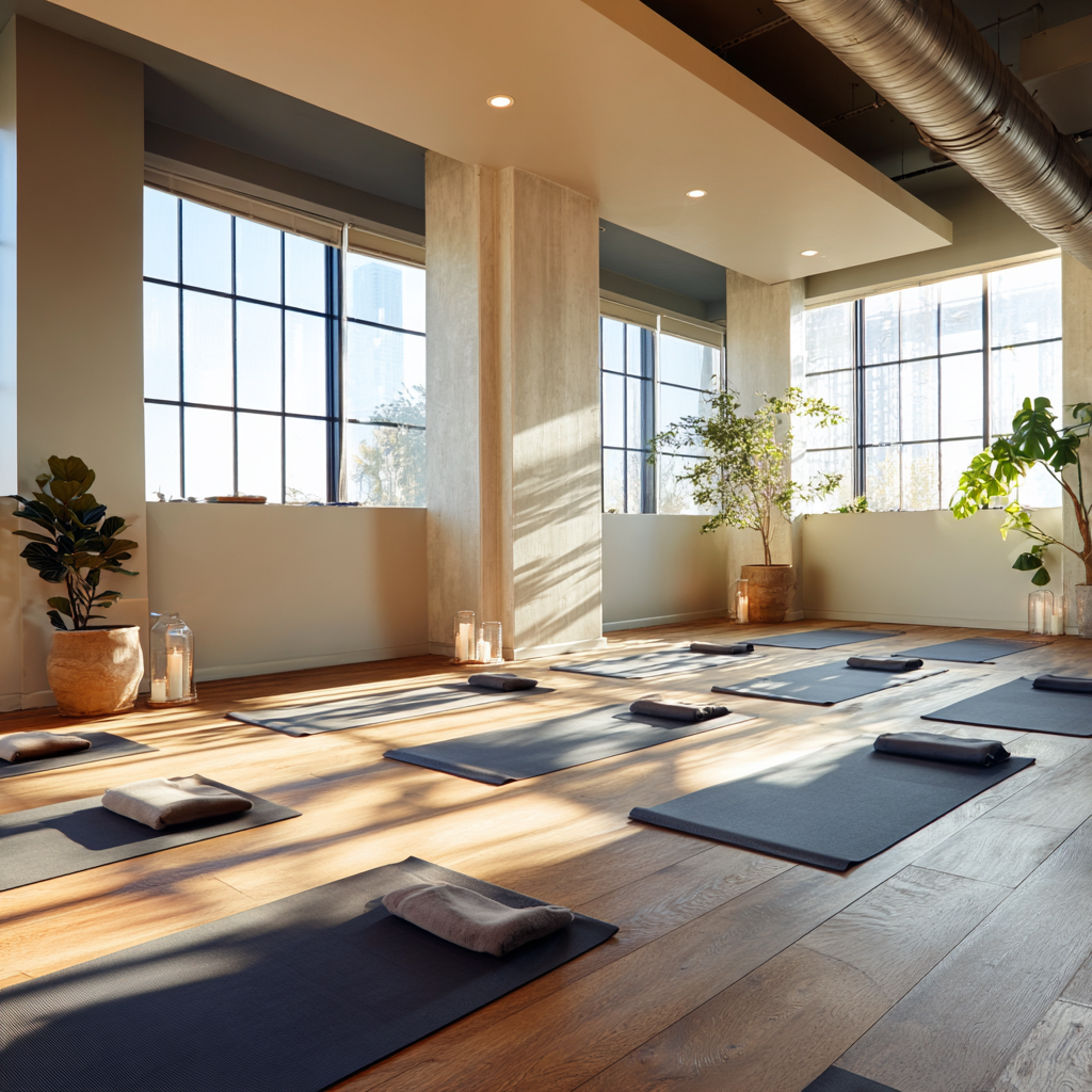 Serene yoga studio interior with natural lighting where middle-aged adults practice peaceful yoga
